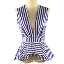 Women's Blouse Tops Summer Office Wear Blouse Ladies V neck Sleeveless Blue Stripes Blusas Shirts Fall Fashion Ruffle Peplum